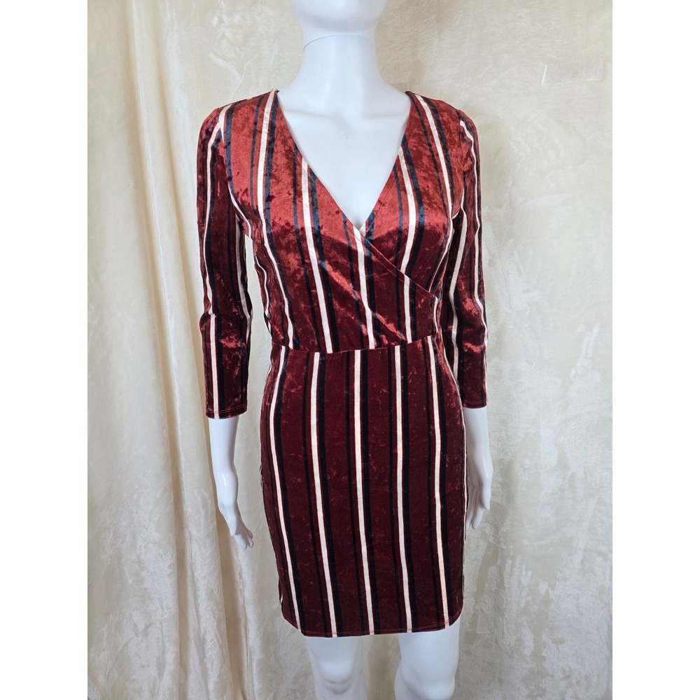 Forever 21 Womens Velvet Striped Wrap V-Neck Bodycon Mini Dress Rust Red Small